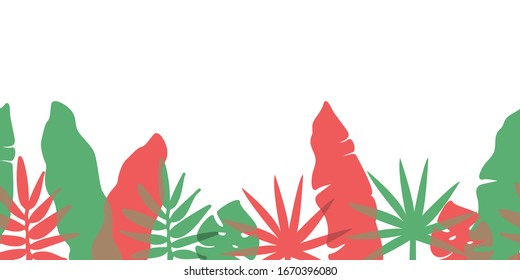 Vector seamless horizontal border pattern with tropical leaves in colors overlay style
