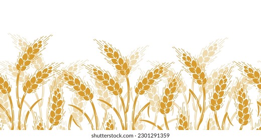 Vector Seamless Horizontal Border Pattern of Grain Spikes, Ears of Wheat, Barley or Rye icon. Great for Wrapping Paper, Bread Packaging,  Design of Bakery, Beer labels etc.