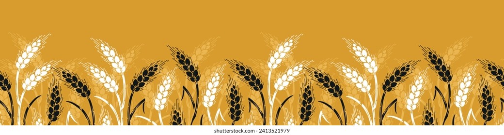 Vector Seamless Horizontal Border Pattern of Grain Spikes, Ears of Wheat, Barley or Rye. Great for Wrapping Paper, Bread Packaging, Design of Bakery, Beer labels etc.