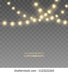 Vector Seamless Horizontal Border Of Realistic Light Garlands. Festive Decoration With Shiny Fairy Christmas Lights. Glowing Long Bulbs Isolated On The Transparent Background.
