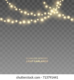 Vector seamless horizontal border of realistic yellow light garlands. Festive decoration with shiny Christmas lights. Glowing bulbs of the different sizes isolated on the transparent background.