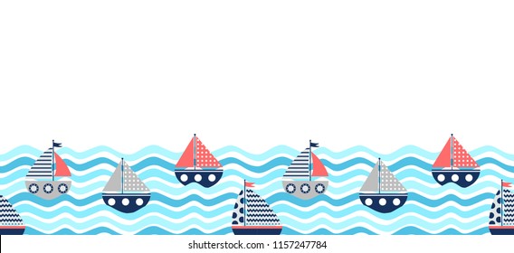 Vector Seamless Horizontal Border With Red And Blue Boats And Waves For Summer Backgrounds And Brochures