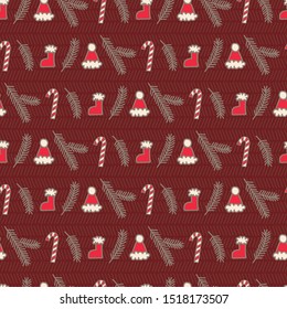 Vector seamless horizontal christmas pattern in dark red. Simple doodle tree branch and santa hat and stocking made into repeat. Great for background, wallpaper, wrapping paper, packaging.
