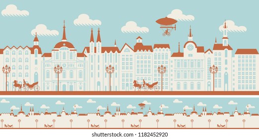 Vector seamless horizontal pattern with beautiful buildings of the Old town with horse-drawn carriages and airship in retro style