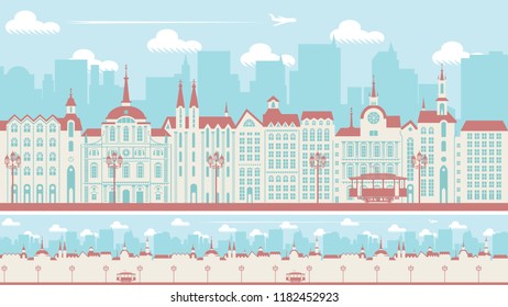 Vector seamless horizontal pattern with beautiful buildings of the old district of the big city with old trams and flying planes on the background of skyscrapers in retro style.