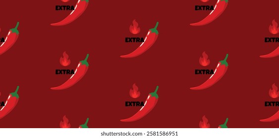 Vector Seamless horizontal pattern with chili pepper hot spicy level labels. Chili pepper with red flames repeat pattern for decoration and print. Red chili repetition pattern