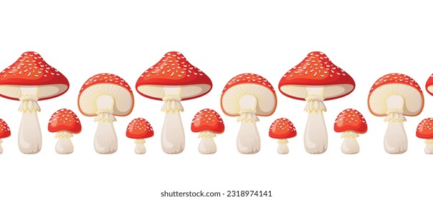 Vector seamless horizontal pattern with colorful fly agarics in cartoon style