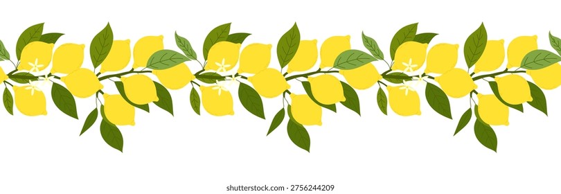 Vector seamless horizontal pattern featuring lush branches with ripe yellow lemons, vibrant green leaves, and delicate flowers. Hand-drawn botanical citrus border on white background, perfect for kitchen decor, summer textile, food packaging, and Mediterranean-inspired designs.