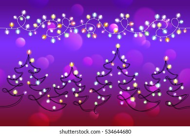 Vector seamless horizontal pattern with a glowing christmas garlands isolated on dark blue background. Garland shaped as a New year tree
