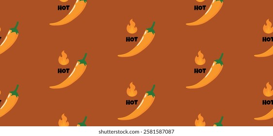 Vector Seamless horizontal pattern with habanero pepper hot spicy level labels. Habanero pepper with orange flames repeat pattern for decoration and print. Orange habanero repetition pattern