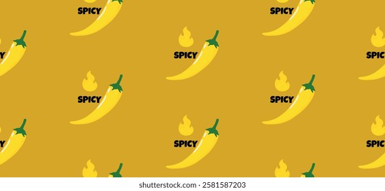 Vector Seamless horizontal pattern with habanero pepper hot spicy level labels. Habanero pepper with yellow flames repeat pattern for decoration and print. Yellow habanero repetition pattern