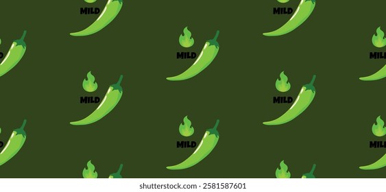 Vector Seamless horizontal pattern with jalapeno pepper hot spicy level labels. Habanero pepper with green flames repeat pattern for decoration and print. Green jalapeno repetition pattern