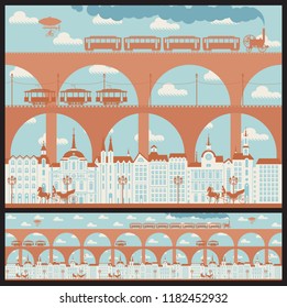 Vector seamless horizontal pattern with an old town with bridges and vintage transport in retro style