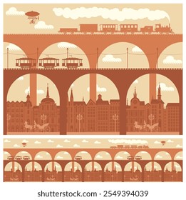 Vector seamless horizontal pattern with an old town or city with bridges and vintage transport, Vintage steam locomotive and tram in retro style