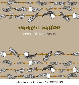 vector seamless horizontal pattern with ornamental feathers in ethnic style, isolated on a beige background, hand drawing, eps 10