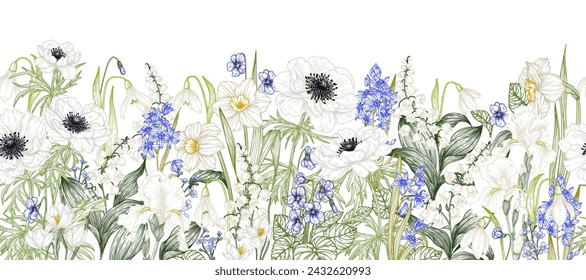 Vector seamless horizontal pattern of white and blue spring flowers. Daffodils, lilies of the valley, snowdrops, irises, anemones, crocuses, scilla, violet, brunnera