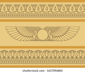 Vector seamless horizontal pattern of winged disk in egyptian style with lotus flowers.