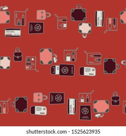 Vector seamless horizontal travel pattern in red. Simple doodle suitcase and passport and ticket and handbag and makup bag made into repeat. Great for background, wallpaper, wrapping paper, packaging,