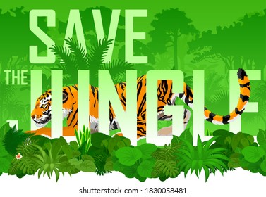 Vector seamless horizontal tropical rainforest Jungle background with tiger