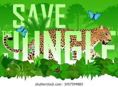 Vector seamless horizontal tropical rainforest Jungle background with jaguar and blue morpho butterfly