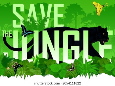 Vector seamless horizontal tropical rainforest Jungle background with  black panther and butterflies