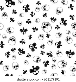 vector seamless horror background with skulls and gas masks in black and white colors on white backdrop