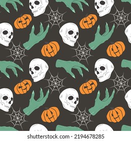 vector seamless horror pattern for halloween. pattern with skulls, jack-o'-lanterns, zombie hand and cobwebs