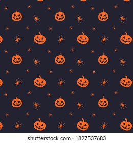 Vector seamless horror pattern for Helloween. Spooky smiling pumpkin with spiders around. Orange silhouette on black background.