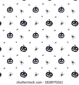 Vector seamless horror pattern for Helloween. Spooky smiling pumpkin with spiders around. Black silhouette on white background.