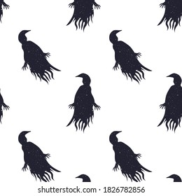 Vector seamless horror patterns for Helloween. Flying spooky ghost or phantom. Black silhouette of spirit on white background.
