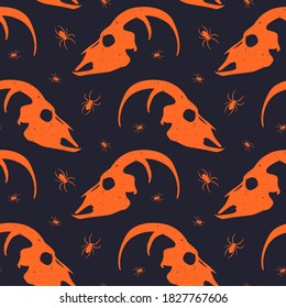Vector seamless horror patterns for Helloween. Dead wild animal skull with spiders around. Orange silhouette on black background.