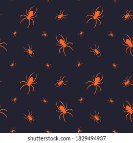 Vector seamless horror patterns for Helloween. Creepy spiders. Orange silhouette on black background.