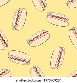 Vector seamless hot dog pattern. Pattern of street food fast food Sausage in a bun with ketchup, red sauce hand-drawn in sketch style black outline, randomly placed on a yellow background for a design