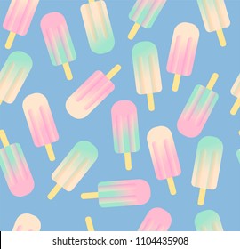Vector seamless ice cream pattern on blue pastel background. Strawberry, vanilla and peach icecream texture
