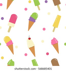 Vector seamless ice cream pattern. Different sorts of ice cream on a white background.