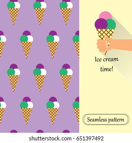 Vector seamless ice cream pattern. Colorful cartoon background. Paper wrapping design. Ice cream in a hand.