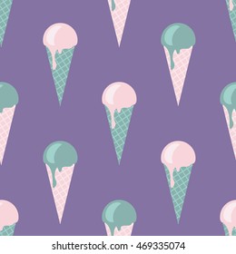 Vector seamless icecream pattern in delicate, tender colors, pink, turquoise, violet, green. Vintage design for wrapping, textile, background, wallpaper, website