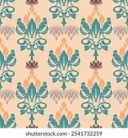 vector seamless ikat pattern, pastel green yellow luxury ethnic oriental, indian traditional aztec style abstract, design for surface, fabric, clothing, textile , Silk, Scarf, Carpet and decor.