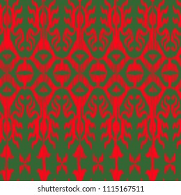 Vector seamless ikat pattern traditional green and red for textile, fabric, ceramic, wrapping