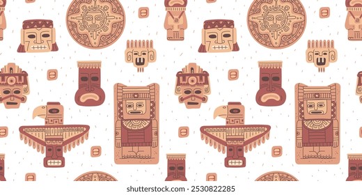 Vector seamless illustration with abstract traditional various figures of Maya and Aztec. Wallpaper of tribal ethnic elements. Ancient symbols, animals, figures of people and faces.