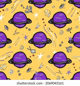 Vector Seamless illustration abstraction starry sky, space. Pattern moon, planets, rockets, meteor, alien on a dark blue background for printing on packaging, paper, clothes, designers, menus, cards