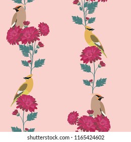 Vector seamless illustration with asters and birds waxwing on a pink background. For decorating textiles, packaging and wallpaper.