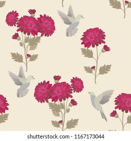 Vector seamless illustration with asters and birds on a beige background. For decorating textiles, covers, packaging, wallpapers.