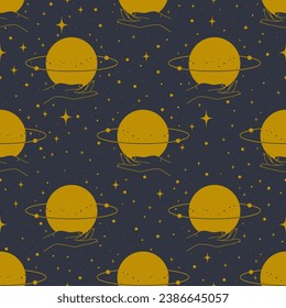 Vector seamless illustration of astrology Saturn pattern. Outer space and planets.