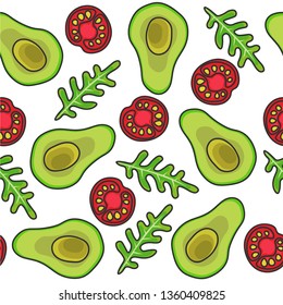 Vector seamless illustration. Avocado, arugula, lettuce, greens, tomato on a white background. Healthy breakfast. Natural vegan food, vegetables. Endless pattern, texture. Flat style. Menu design.
