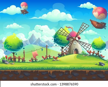 Vector seamless illustration background mill on the hill. For design websites and mobile phones, printing.