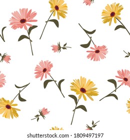 Ilustración vectorial sin fisuras con hermosas flores de caléndula sobre un fondo blanco. Para decorar textiles, embalajes, tapicería, cosméticos.