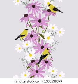 Vector seamless illustration with beautiful garden flowers and birds. Vertical.For decorating textiles, packaging, wallpapers, cosmetics.