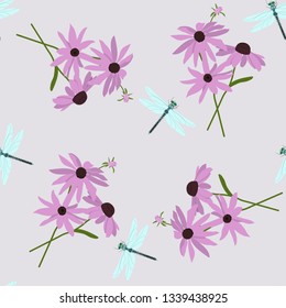 Vector seamless illustration with beautiful garden flowers and dragonfly. For decorating textiles, packaging, wallpapers, cosmetics.