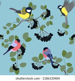 Vector seamless illustration with berries of black mountain ash, titmouse and bullfinch on a blue background. For decorating textiles, packaging, covers, web design.